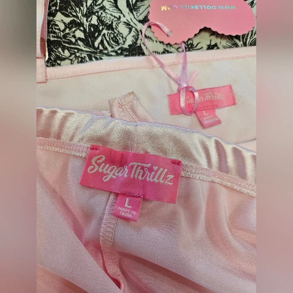 Dolls Kill Sugar Thrillz Pink Satin Underbust & Biker Shorts +Extra Mesh Flower - Picture 6 of 12